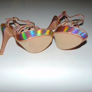 Holographic Iridescent Platform Strappy Heels – Size 5